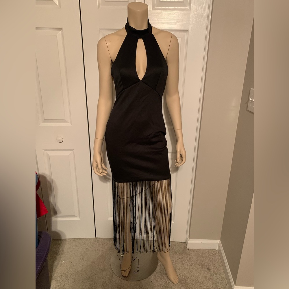 Black fringe halter dress